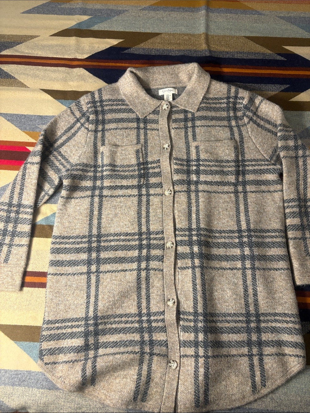 Classic Plaid Button-Front sweater jacket- mid length